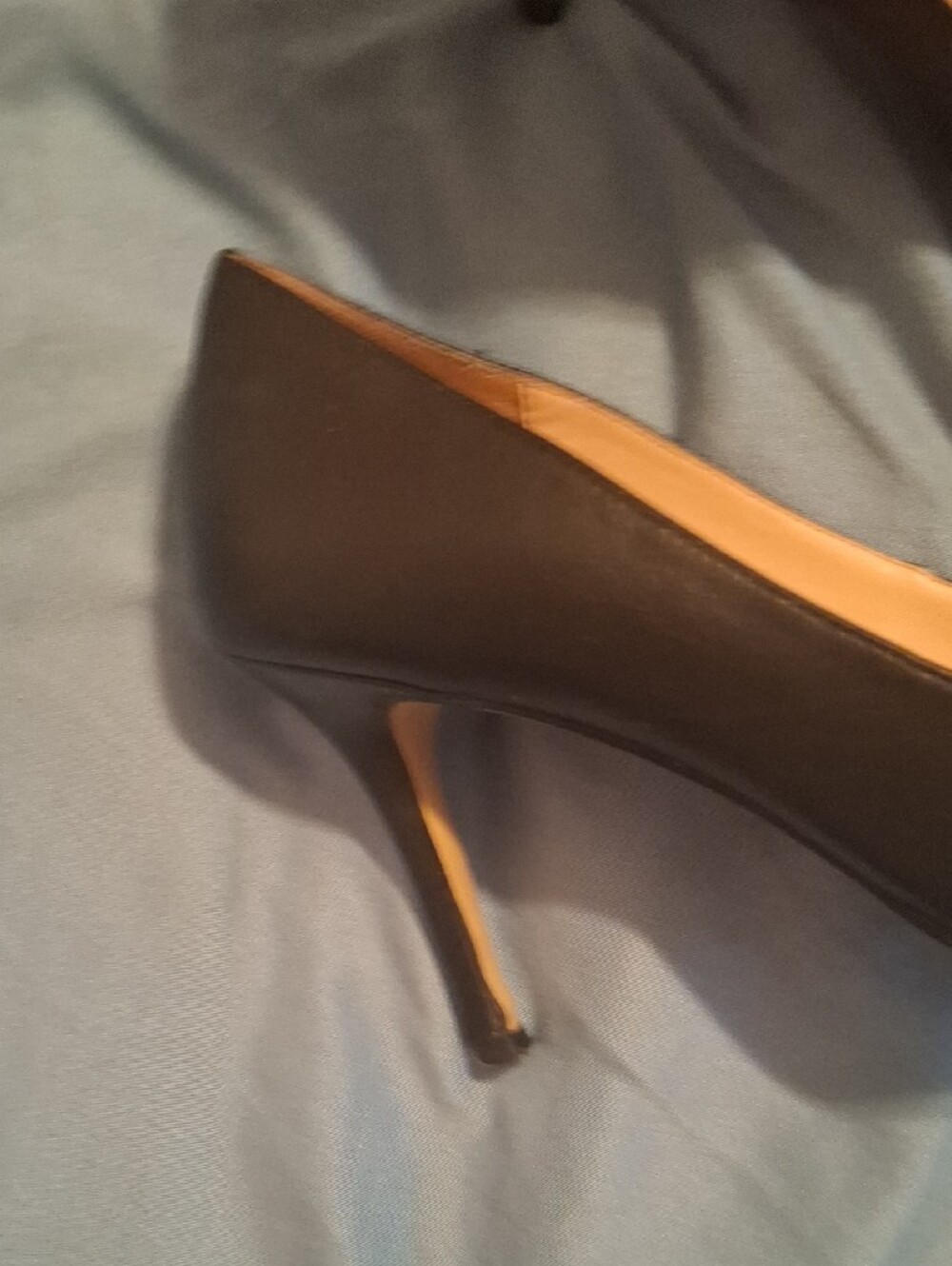 Coach Black Pointed Toe Leather Heels with Gold Horse & Carriage Hardware - Picture 9 of 9